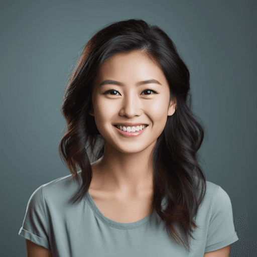 A Young woman in grey blueish background smiling