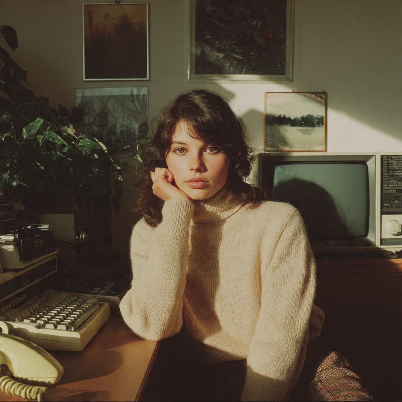 Woman in a beige turtleneck by an old computer and TV, retro 80s office portrait.
