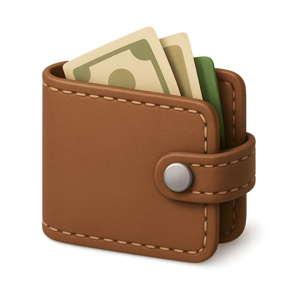 A brown leather wallet with visible stitch details and a snap button closure, partially open with cash notes peeking out, set against a black background.