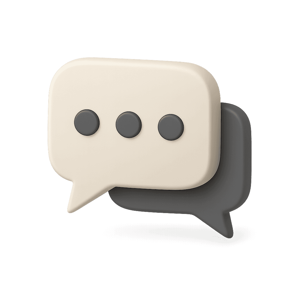 3D illustration of cream and gray overlapping chat bubbles with three dots inside, symbolizing communication, set against a black background.