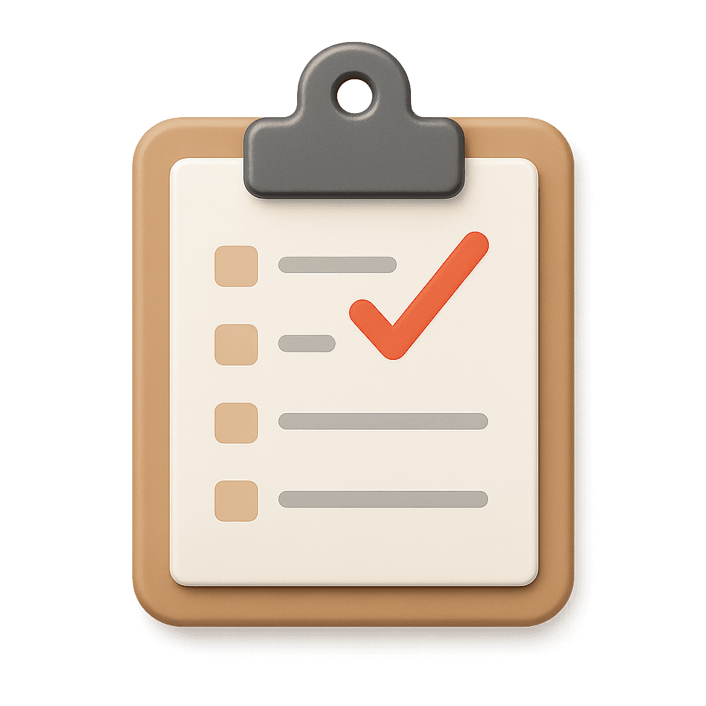 3D illustration of a clipboard with a checklist. A large red checkmark is ticked next to one of the items, conveying completion or approval.